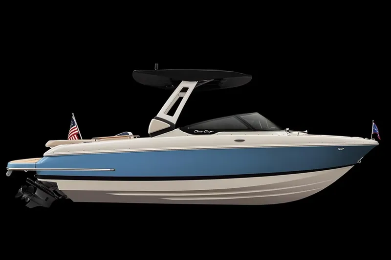Slide: The Image of 2026 Chris-Craft Sportster 25 boat interior with elegant seating and branded flag in showroom. - 13
