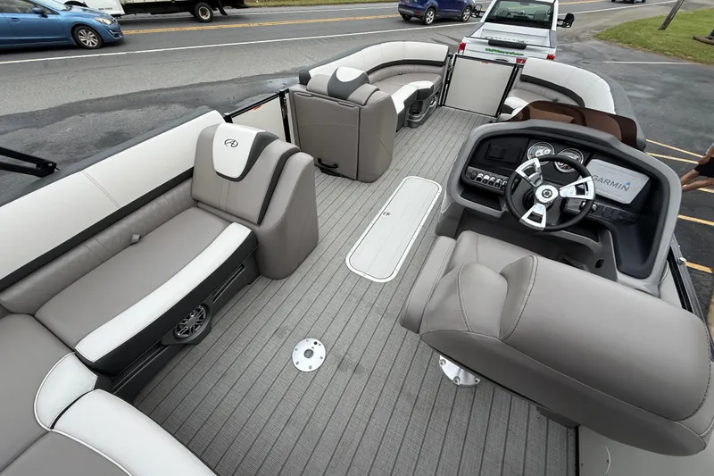 Slide: The Image of 2022 Avalon 2585 Catalina VRB Tri Toon boat interior with modern seating and steering console. - 25