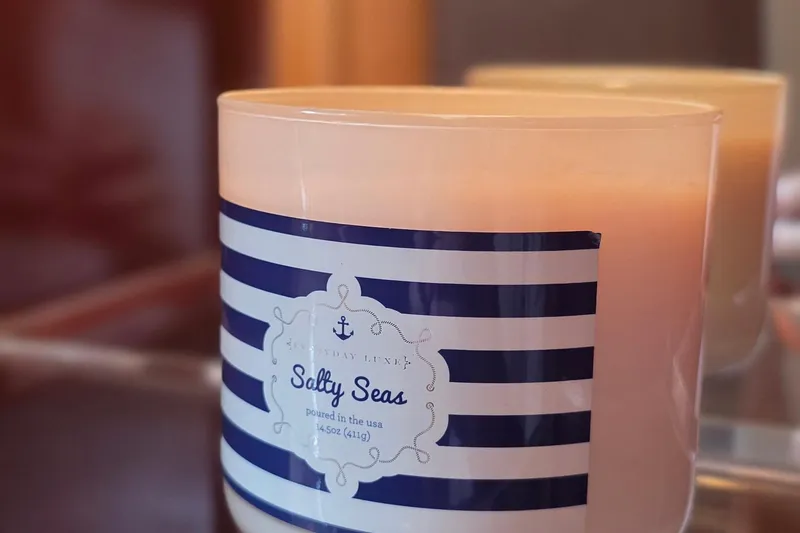 Slide: The Image of Candle labeled "Salty Seas" with nautical stripes, reflecting a maritime theme. - 42
