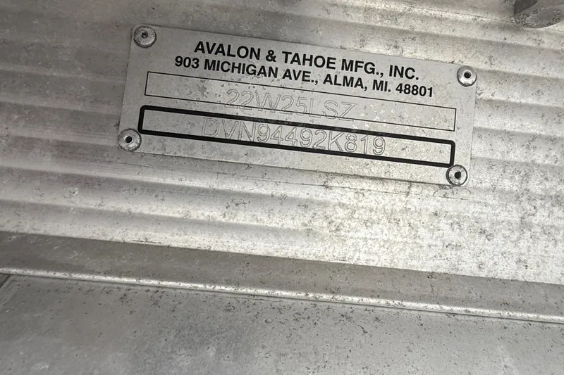 Slide: The Image of Metal identification plate for 2019 Avalon 2285 LSZ Cruise, Tri toon High Performance boat. - 23