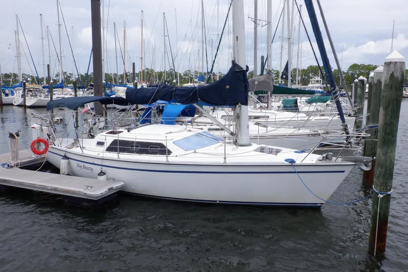 The Image of 1989 Hunter Vision 32 sailboat docked at marina, overcast sky, calm waters. - 0