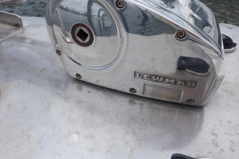 Slide: The Image of Chrome Lewmar winch on 1989 Hunter Vision 32 sailboat deck. - 20
