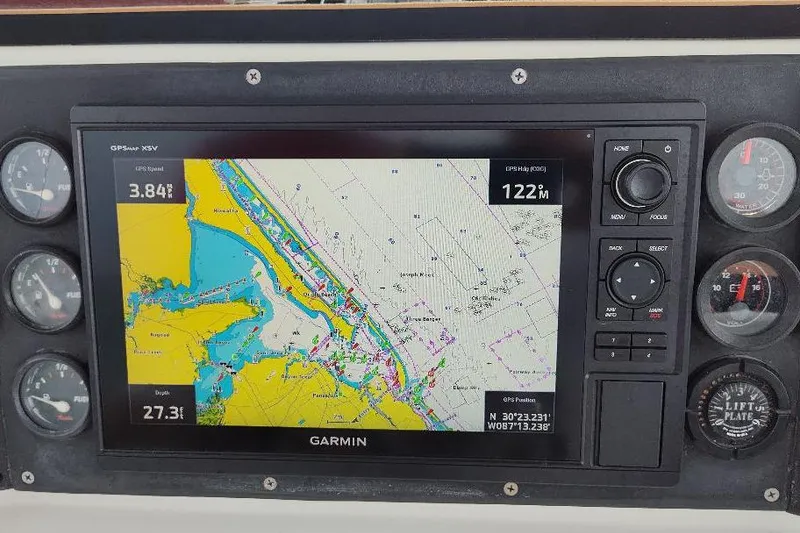 Slide: The Image of Garmin GPS display on 1995 Ocean Master 31 Center Console boat dashboard. - 15