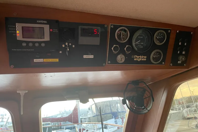 Slide: The Image of Control panel of 1981 Cheer Men PT 38 Europa boat with Perkins engines. - 34