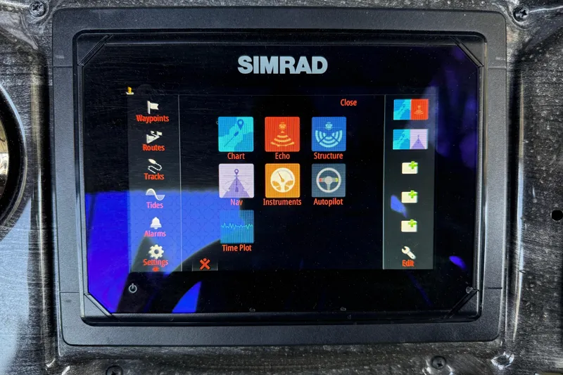 Slide: The Image of Simrad navigation display on 2017 Bentley Pontoons 223 Cruise, showing various marine functions. - 10