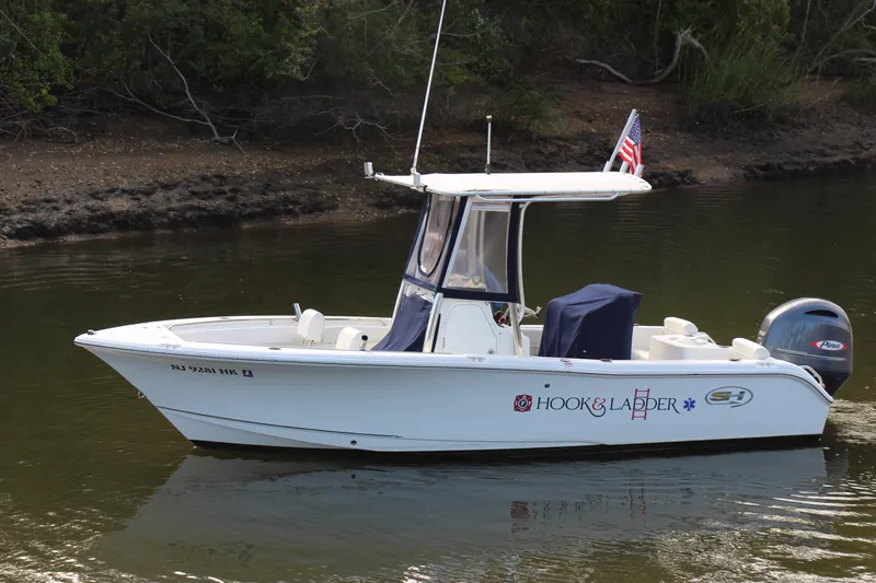 Slide: The Image of 2019 Sea Hunt Triton 210 boat on calm water, featuring "Hook & Ladder" graphics. - 13