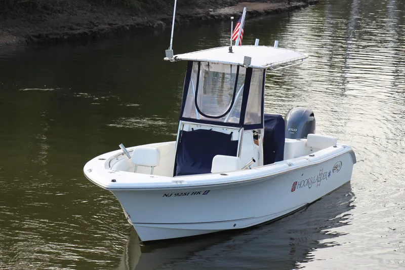 Slide: The Image of 2019 Sea Hunt Triton 210 boat on calm water, featuring a center console and canopy. - 8