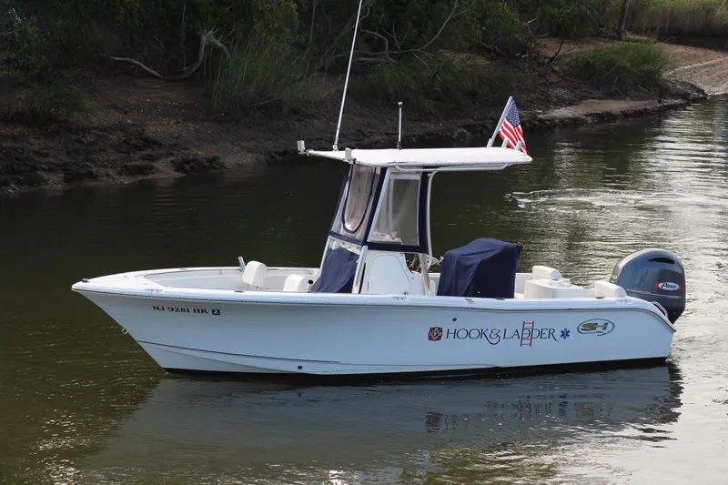 Slide: The Image of 2019 Sea Hunt Triton 210 boat on calm water, featuring an American flag and custom graphics. - 9