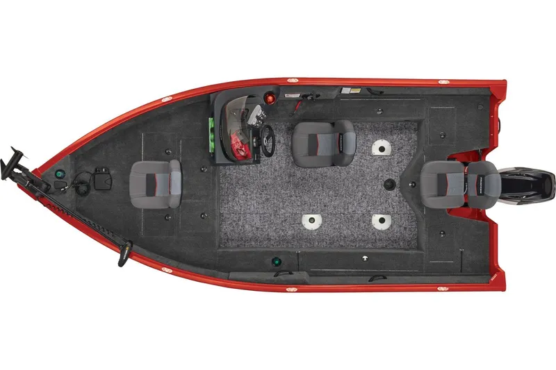 Slide: The Image of 2026 Tracker Pro Guide V-16 SC boat interior with carpeted deck and steering console. - 6