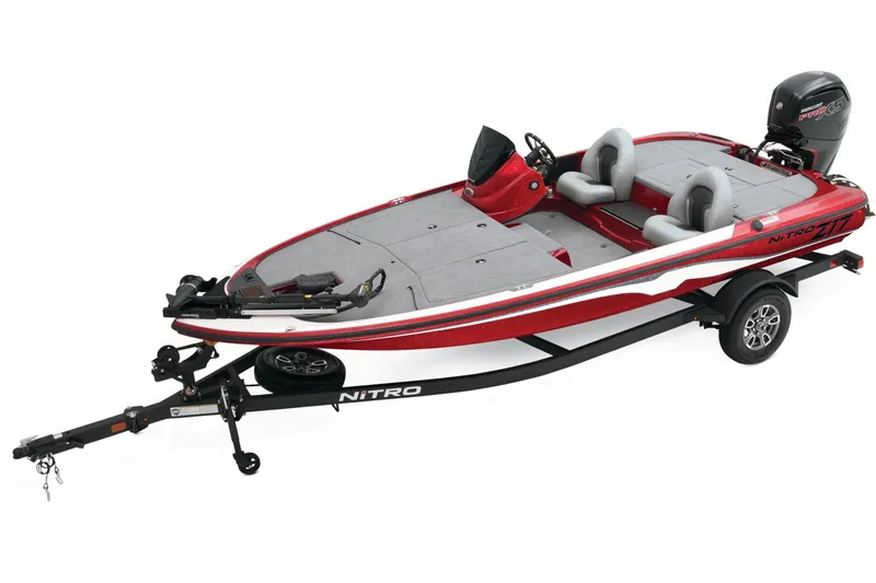 Slide: The Image of 2026 Nitro Z17 boat with Mercury Pro XS engine on a trailer. - 1