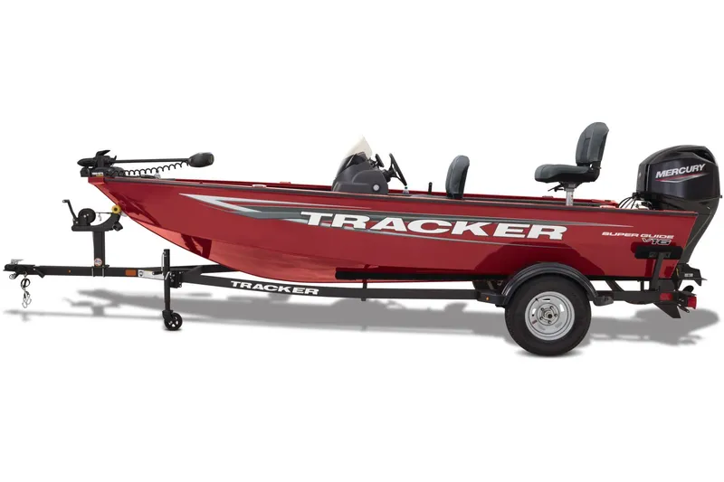 Slide: The Image of 2026 Tracker Super Guide V-16 SC boat interior with dual gray seats and steering console. - 5