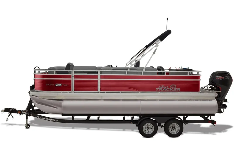 Slide: The Image of 2026 Sun Tracker SportFish 20 DLX pontoon boat with Mercury outboard motor on trailer. - 8