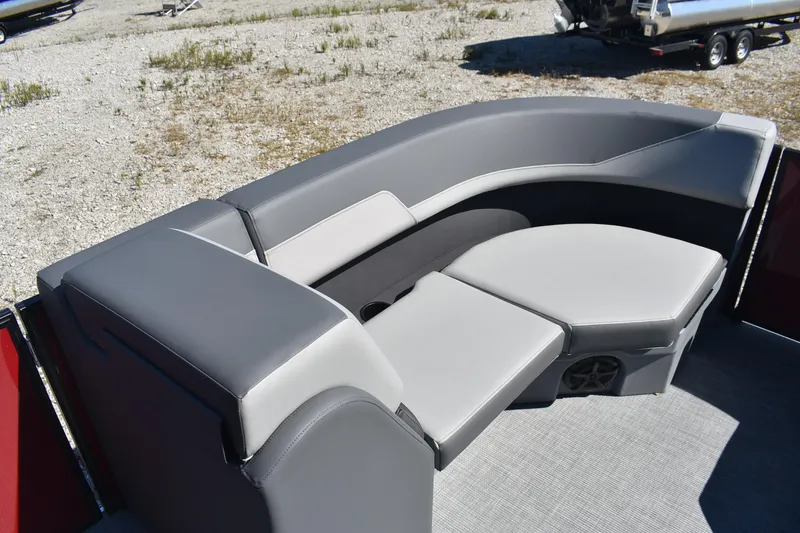 Slide: The Image of Luxurious seating on 2026 Lowe LS 190 boat, featuring sleek gray upholstery. - 14