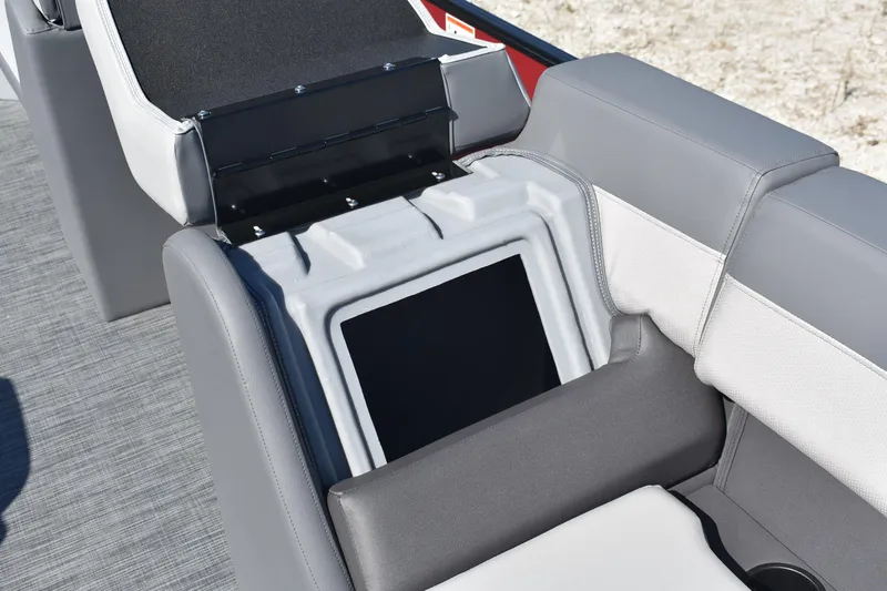 Slide: The Image of 2026 Lowe LS 190 boat seat with open storage compartment, featuring gray upholstery. - 16