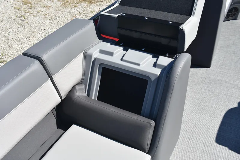 Slide: The Image of 2026 Lowe LS 190 boat interior with gray seating and storage compartment. - 19