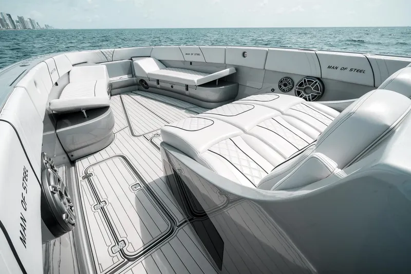 Slide: The Image of Luxurious 2022 Midnight Express 43 Open yacht interior with sleek seating and ocean view. - 7