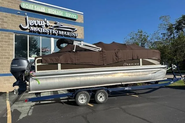 Slide: The Image of 2019 Premier 220 Gemini pontoon boat on trailer at Jerry's Majestic Marine. - 28
