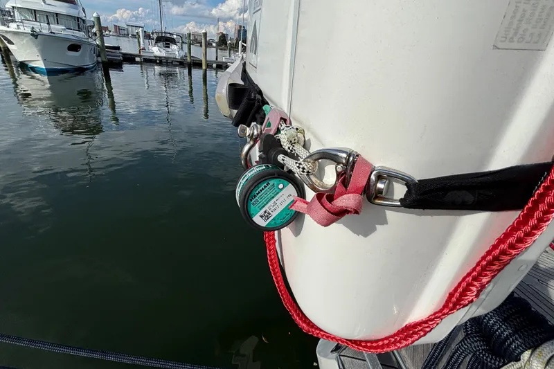 Slide: The Image of Close-up of Najad 390 sailboat rigging, docked at marina, 1992 model. - 16