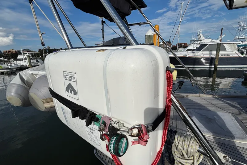 Slide: The Image of Najad 390 sailboat (1992) with Viking life-saving equipment at marina. - 17