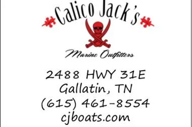 Slide: The Image of Calico Jack's Marine Outfitters contact information, Gallatin, TN, featuring a pirate-themed logo. - 12