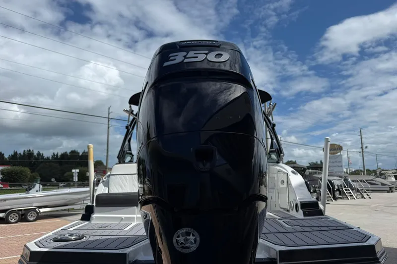 Slide: The Image of Outboard motor on a 2018 Monterey M-65 boat under a partly cloudy sky. - 7