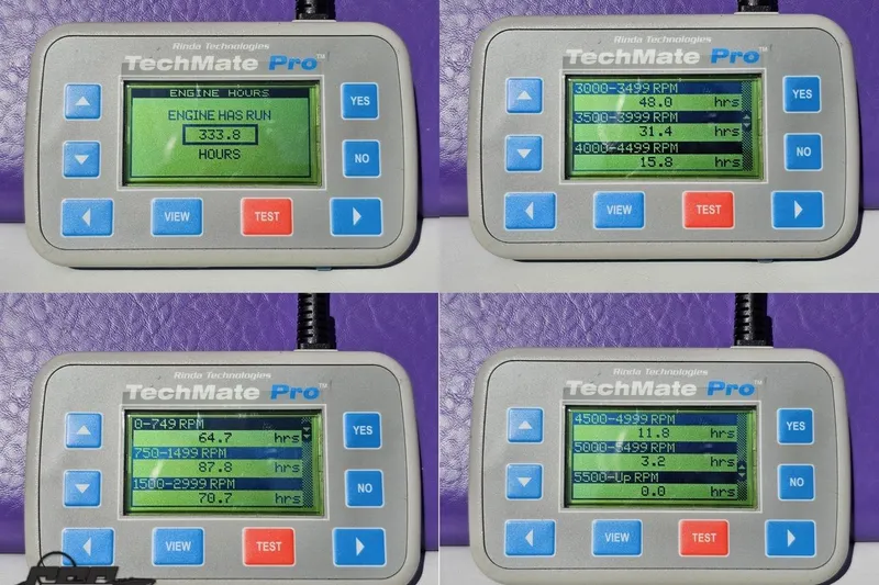 Slide: The Image of TechMate Pro device displaying engine hours and RPM data for 2005 Baja 25 Outlaw. - 99