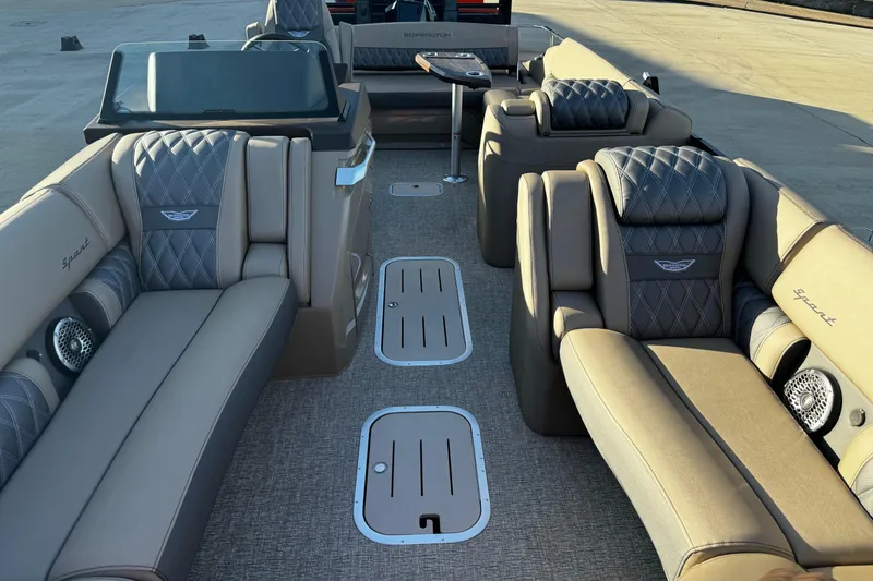 Slide: The Image of 2025 Bennington 23RSB pontoon boat interior with luxurious seating and modern design. - 14