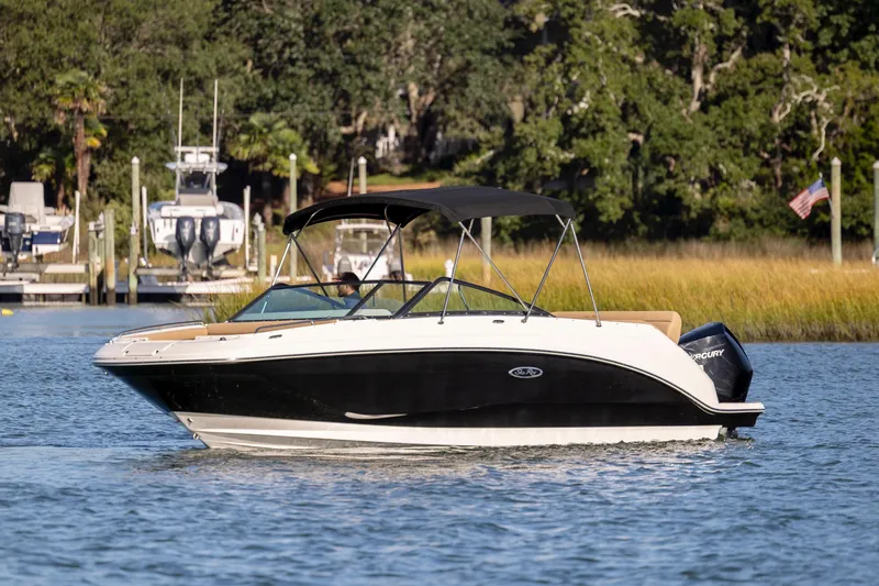 Slide: The Image of 2019 Sea Ray SDX 250 Outboard boat cruising on a scenic waterway. - 31