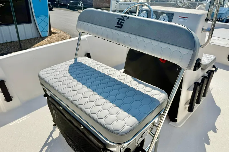 Slide: The Image of 2025 Carolina Skiff EV198 Sea Skiff boat seat with hexagonal pattern upholstery. - 21