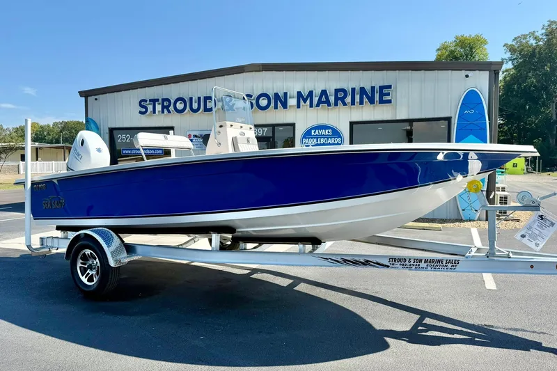Slide: The Image of 2025 Carolina Skiff EV198 Sea Skiff boat on trailer at Stroud & Son Marine. - 6