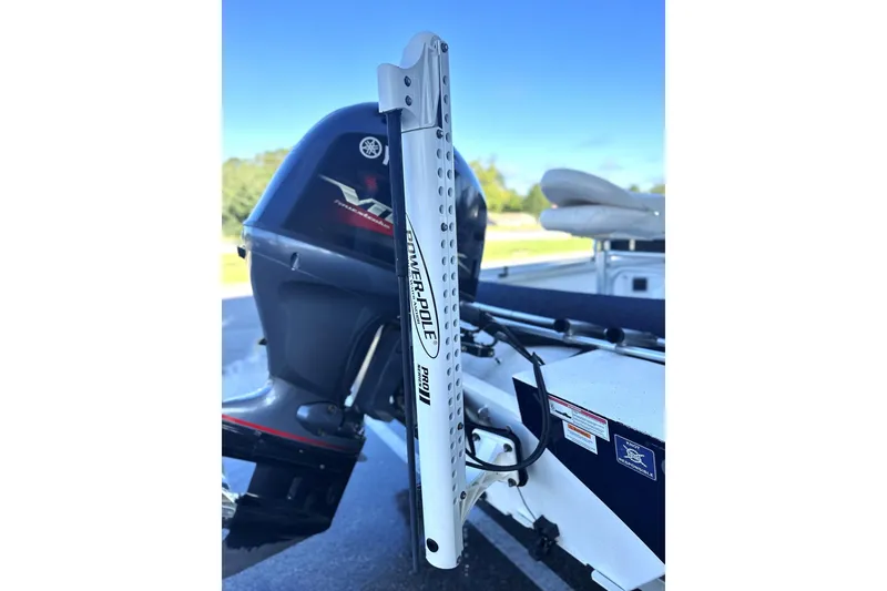 Slide: The Image of 2017 G3 Bay 18 DLX boat with Power-Pole Pro II anchor and Yamaha outboard motor. - 2