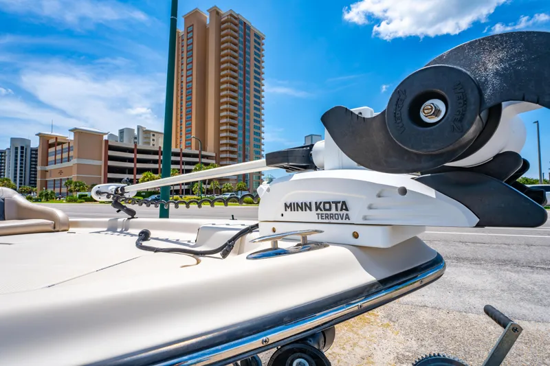 Slide: The Image of 2020 Blue Wave 2400 PureBay boat with Minn Kota Terrova motor, urban backdrop. - 24