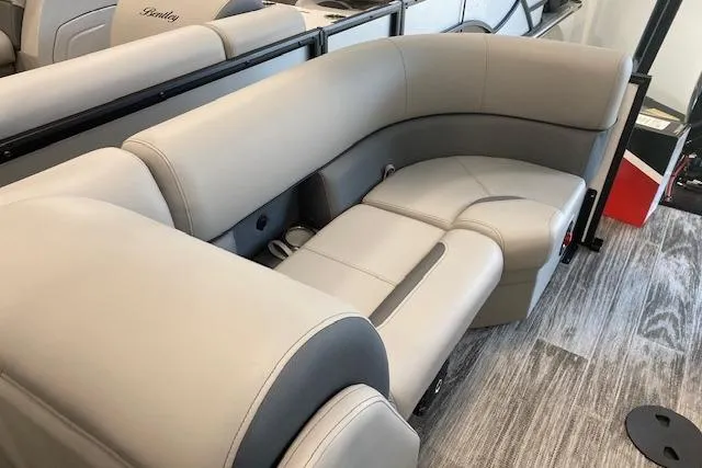 Slide: The Image of Luxurious seating on 2026 Bentley Pontoons Legacy 223 Navigator with elegant gray upholstery. - 16