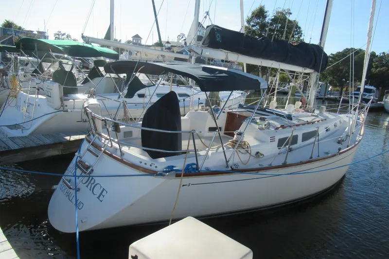The Image of 1990 Sabre 38 sailboat docked at marina, featuring sleek design and spacious deck. - 4