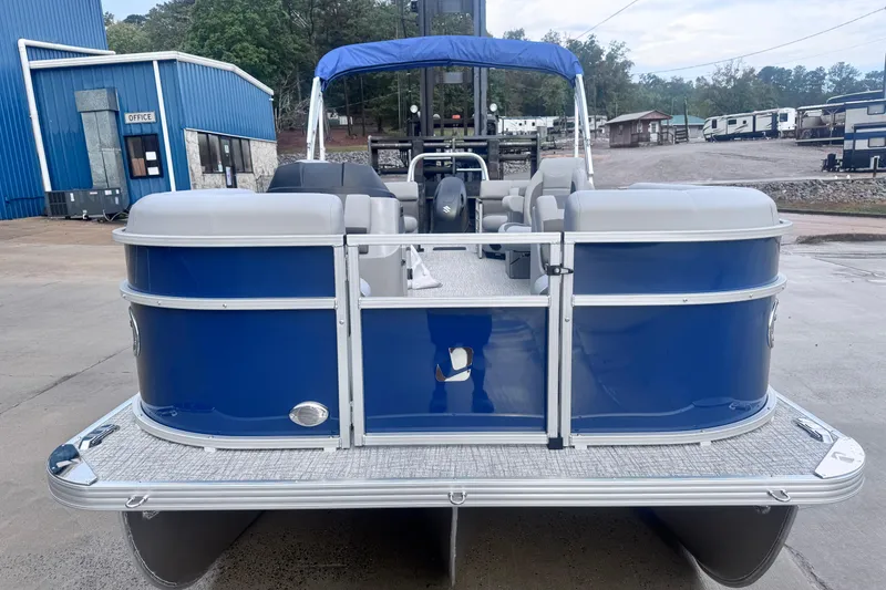 Slide: The Image of 2026 Landau ISLAND BREEZE 21 pontoon boat with blue exterior and gray seating. - 3