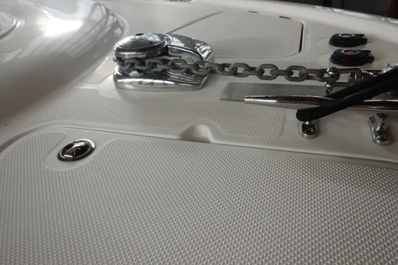 Slide: The Image of Close-up of 2008 Meridian 411 Sedan boat deck with anchor chain and cleat. - 57