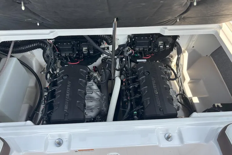 Slide: The Image of 2023 Yamaha Boats 252SD engine compartment showcasing dual high-output engines. - 16