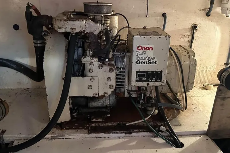 Slide: The Image of 1986 Egg Harbor 37 Convertible Onan 6.5 Marine GenSet engine in boat interior. - 11