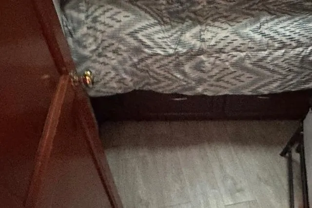 Slide: The Image of Interior cabin of 1986 Egg Harbor 37 Convertible with patterned bedding and wooden flooring. - 20