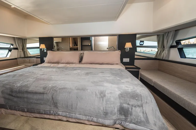 Slide: The Image of Luxurious bedroom interior of 2024 Greenline 45 Coupe Hybrid yacht with ocean view. - 14