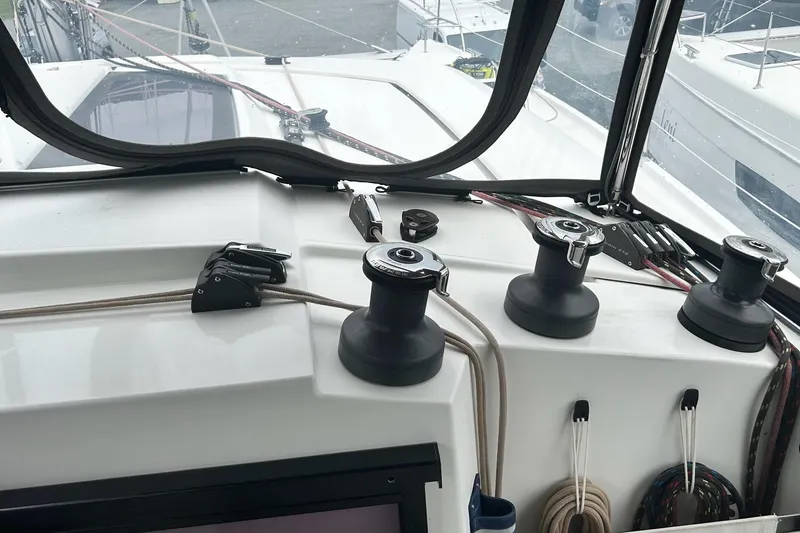 Slide: The Image of Helia 44 Evolution 2019 yacht deck with winches and ropes, Fountaine Pajot model. - 27