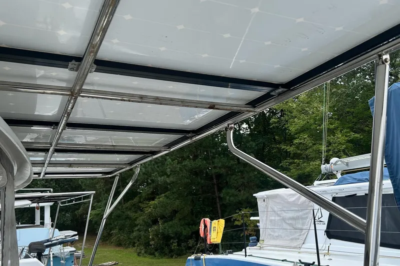 Slide: The Image of 2019 Fountaine Pajot Helia 44 Evolution catamaran with solar panels and stainless steel framework. - 45