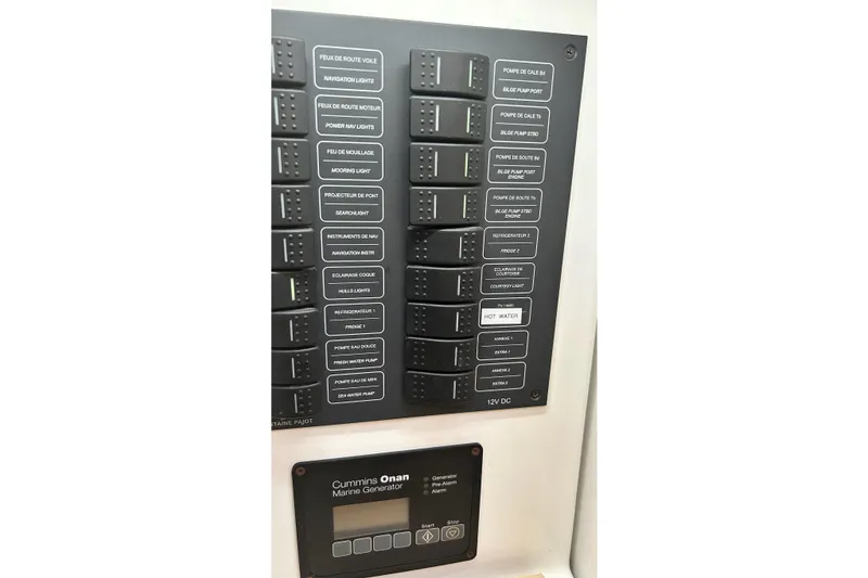Slide: The Image of Control panel of a 2019 Fountaine Pajot Helia 44 Evolution catamaran with labeled switches. - 51