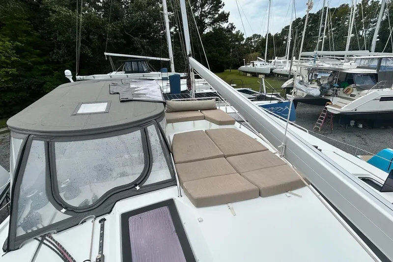 Slide: The Image of 2019 Fountaine Pajot Helia 44 Evolution catamaran with spacious deck and comfortable seating. - 9