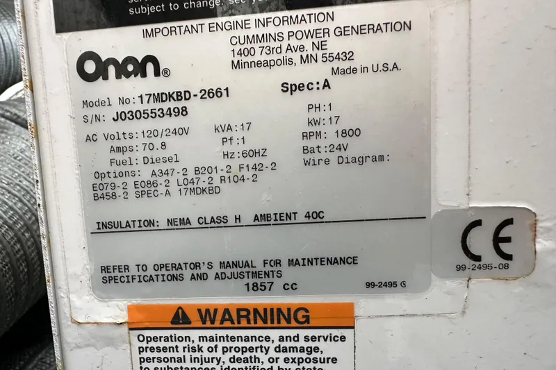 Slide: The Image of Label on Onan generator, model 17MDKBD-2661, diesel, 17 kW, 120/240V, 2004 Meridian 580 Pilothouse. - 23