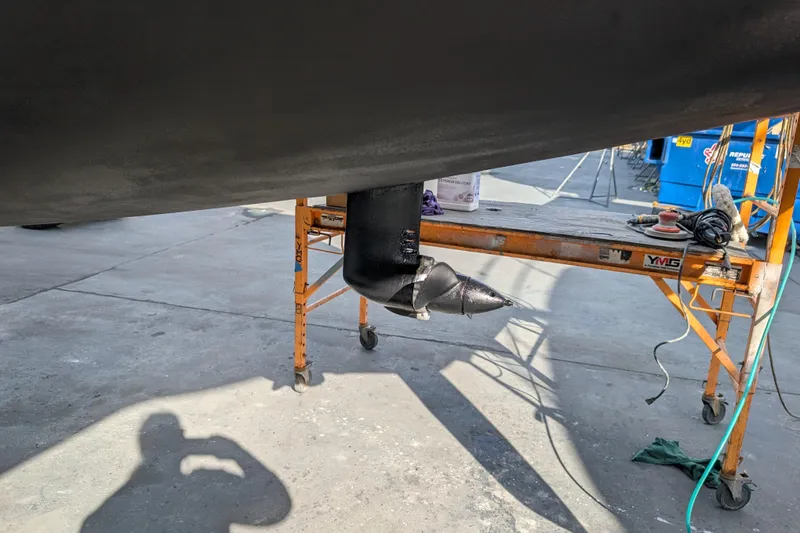 Slide: The Image of Propeller of a 2020 Leopard 40 catamaran on a maintenance stand. - 114