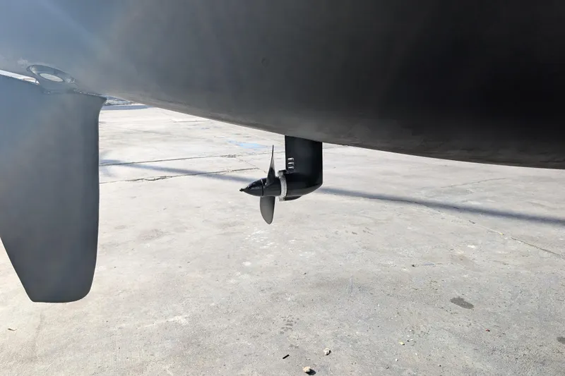 Slide: The Image of Leopard 40 catamaran propeller and rudder, 2020 model, on dry dock. - 115