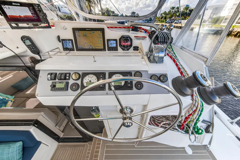 Slide: The Image of Helm of 2020 Leopard 40 catamaran with navigation equipment and steering wheel. - 30