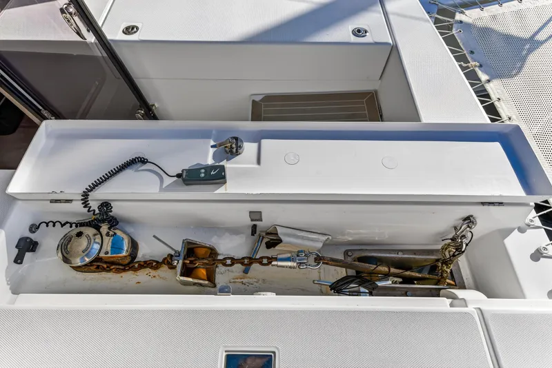 Slide: The Image of Anchor locker of a 2020 Leopard 40 catamaran with chain and winch. - 45