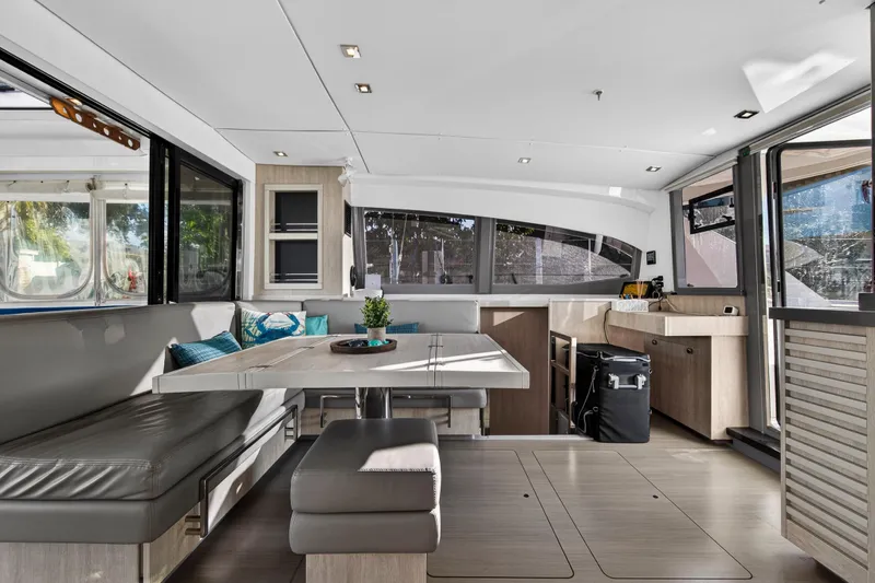 Slide: The Image of Modern interior of 2020 Leopard 40 catamaran with sleek dining area and panoramic windows. - 66